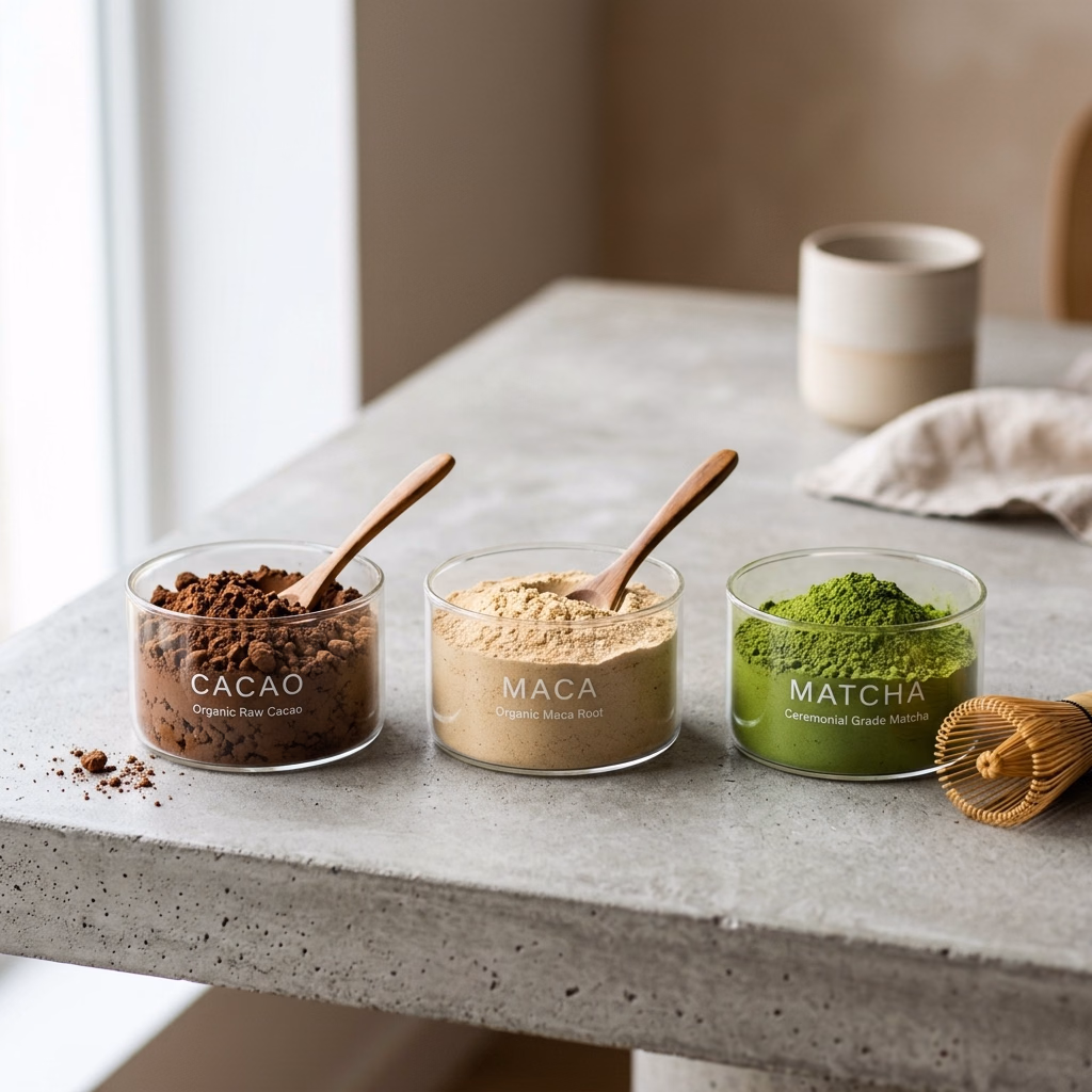 Premium organic superfood powders (cacao, maca, matcha) in bowls on minimalist concrete backdrop
