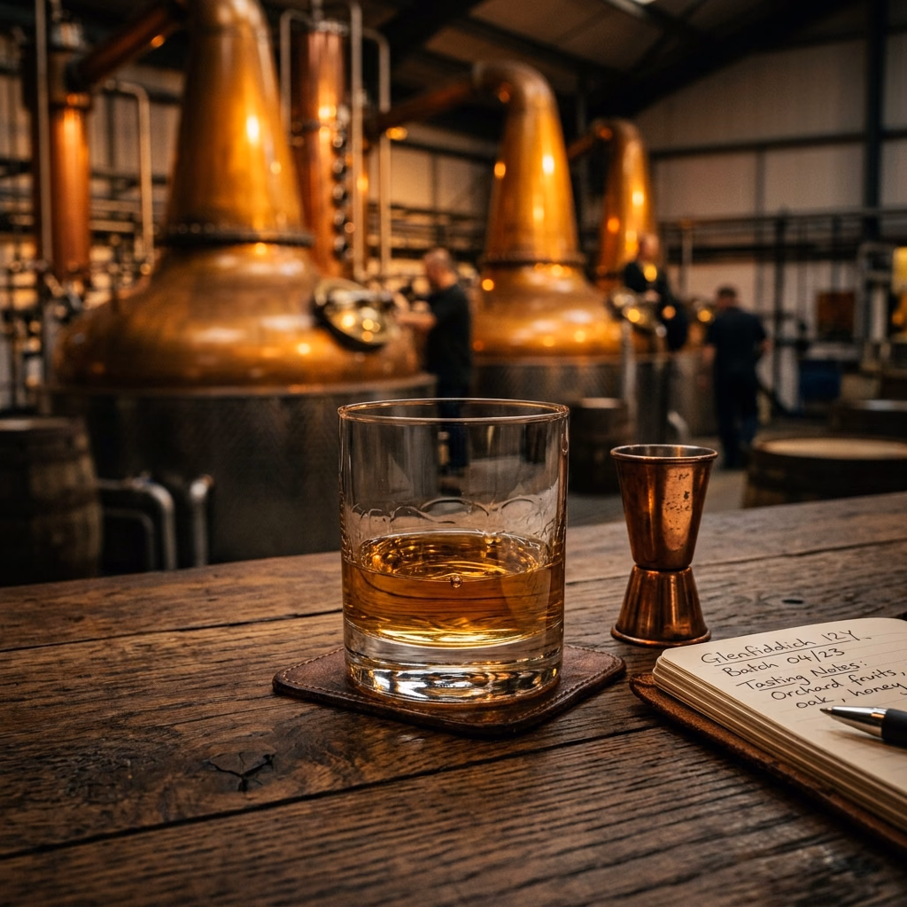 Whisky glass and tasting notebook on wood counter inside distillery with copper pot stills