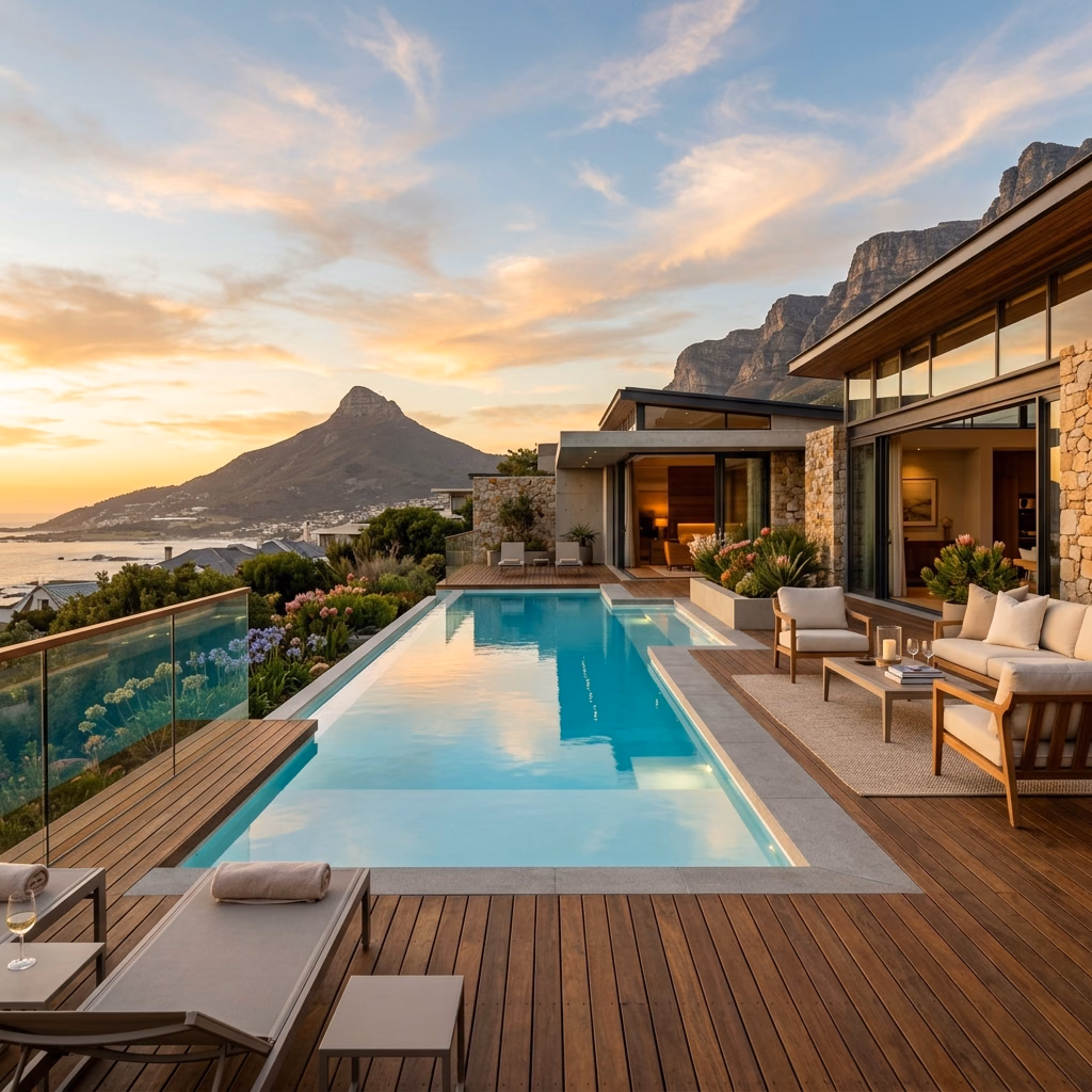 Luxurious swimming pool overlooking Table Mountain