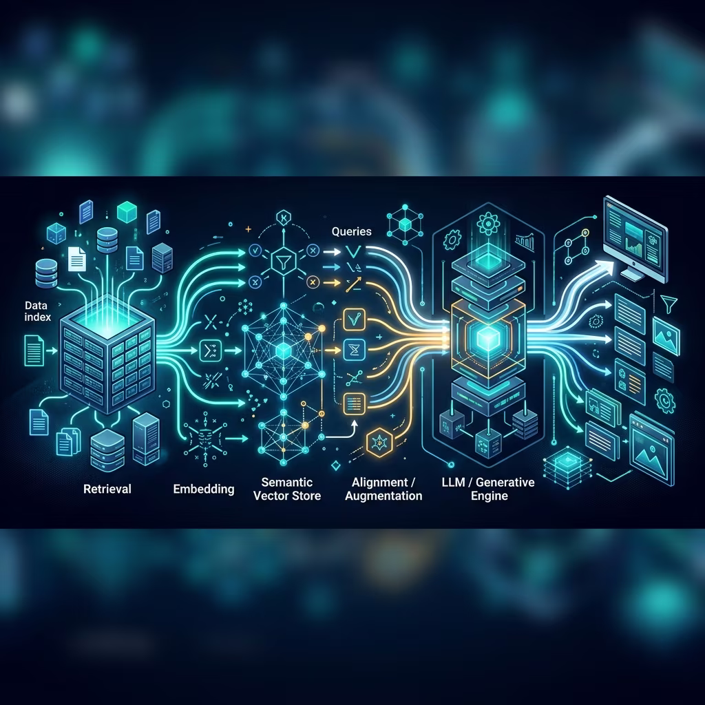 Generative engine optimization pipeline showing retrieval-augmented generation alignment steps, semantic structures, and data indexing streams