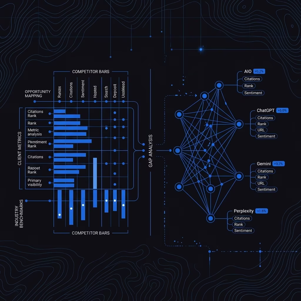 Search opportunity matrix grid identifying keyword targets and technical SEO optimization gaps