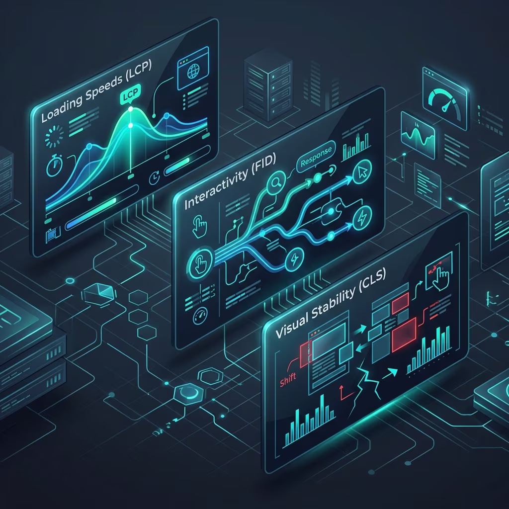 Page speed performance diagnostic dashboard auditing core web vitals and crawl efficiency