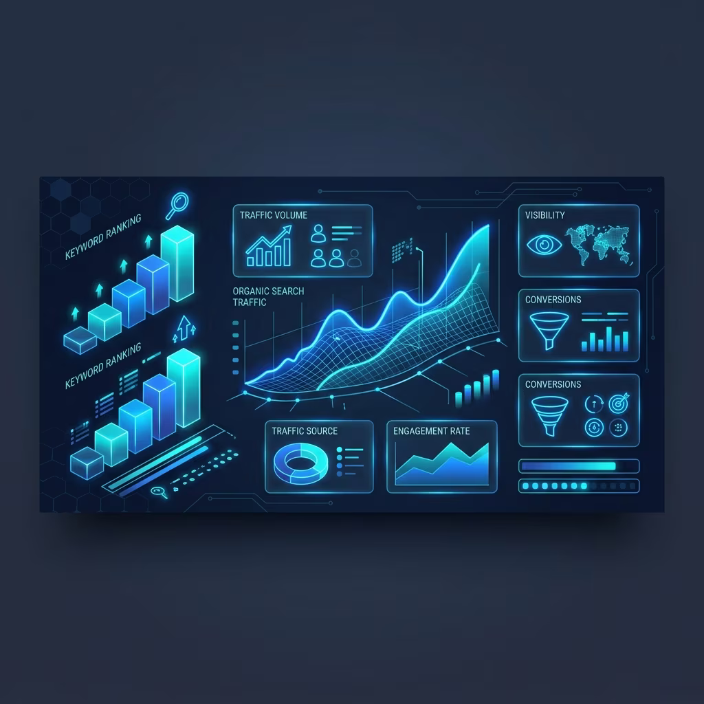 Search engine ranking trajectory charts tracking organic keyword positions and traffic volume growth for freelance SEO reporting