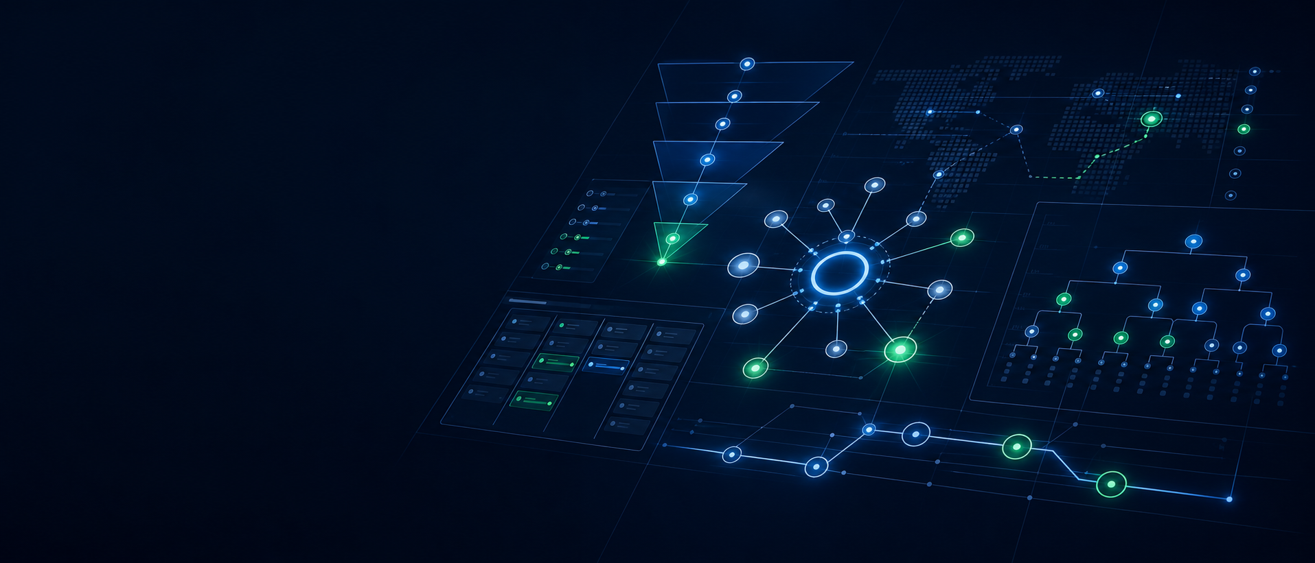 Abstract SEO content strategy map with topic clusters and prioritization lanes