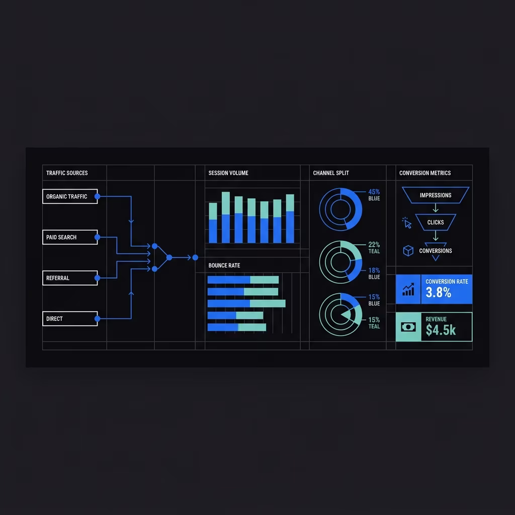 Custom Looker Studio dashboard interface visualization auditing conversion rates and organic session volumes
